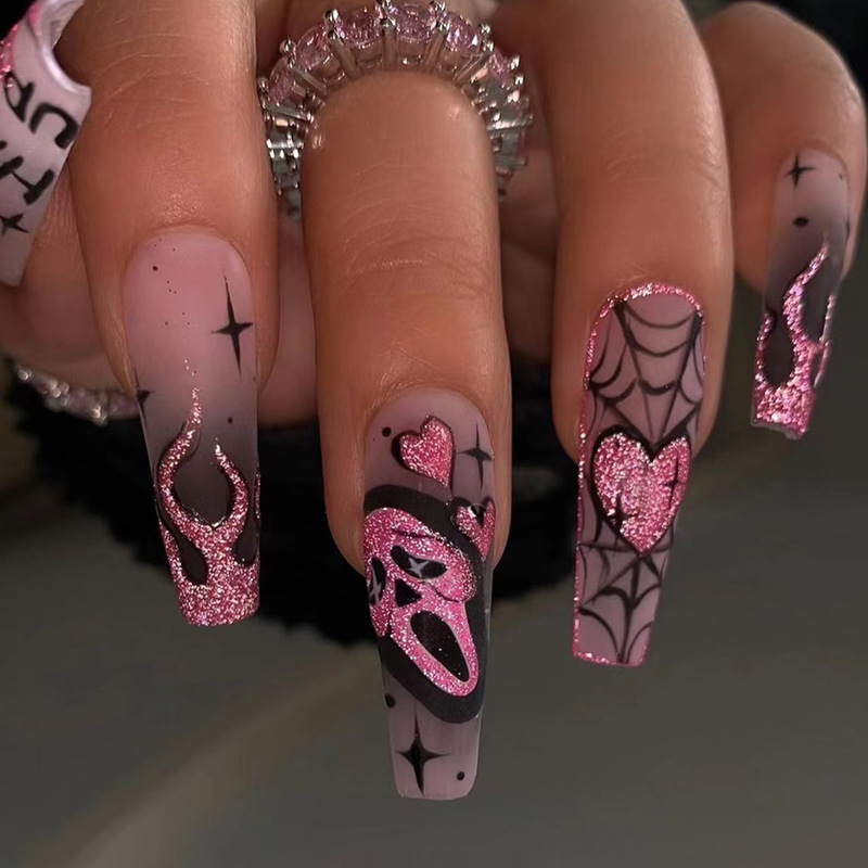 Nail Art Gliter - 24 Uñas Postizas con Lentejuelas Rosas
