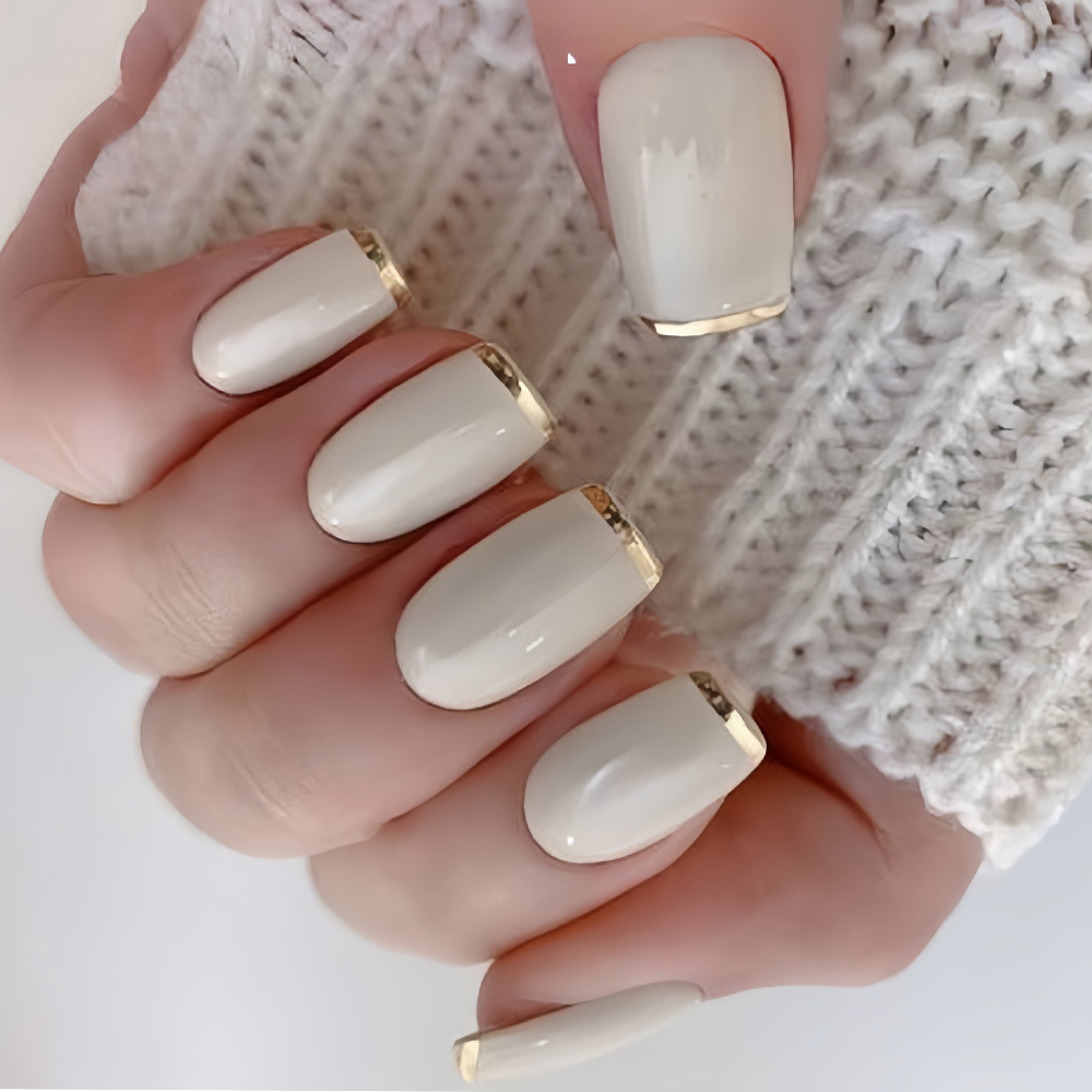 Nail Art French - Uñas postizas medianas para mujer, beige,